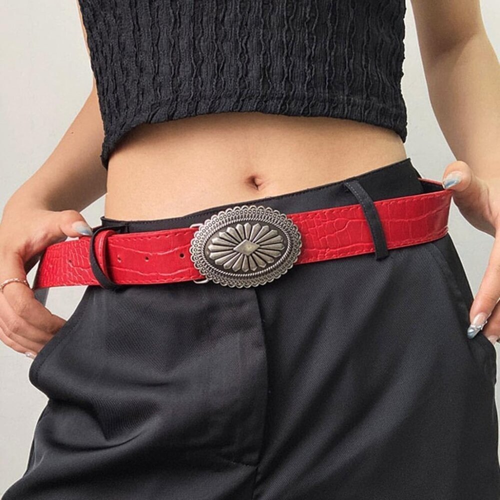 Women Red Faux Leather Western Belt Star Buckle Adjustable for Pants Jeans